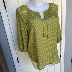 LIZ CLAIBORNE Floral Sheer 3/4 Sleeve Blouse Green Tassels Tunic Boho Size L